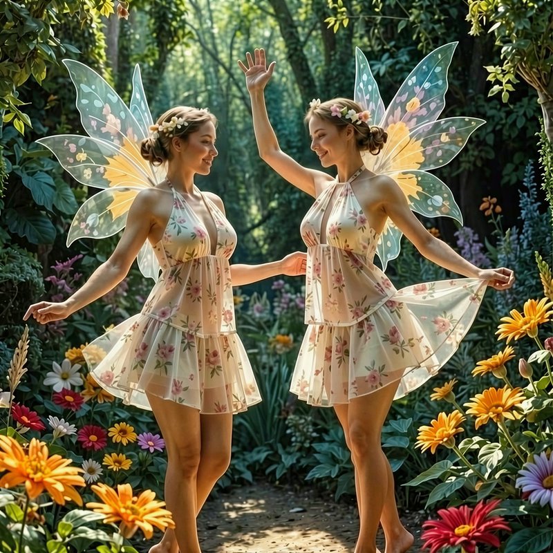 Two smiling fairies with translucent iridescent wings dance playfully amid colorful wildflowers i...