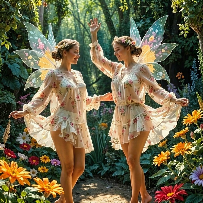 Two smiling fairies with translucent floral wings dance together on a sunlit path in an enchanted...