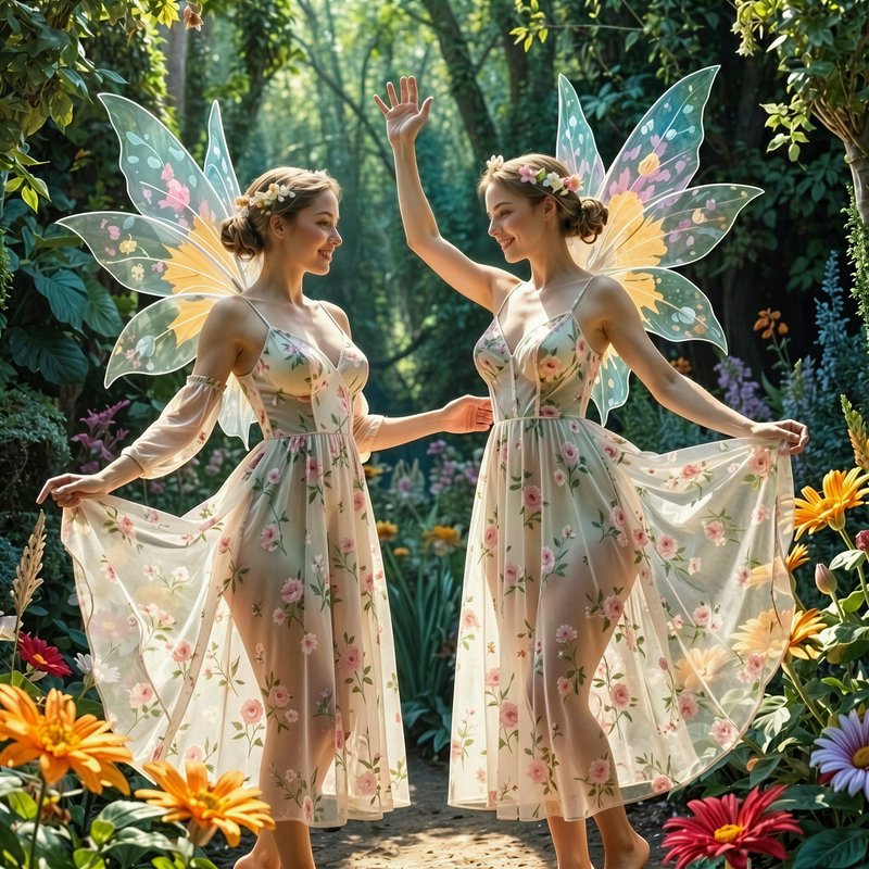Two smiling fairies with translucent floral wings pose playfully in a sunlit enchanted wildflower...