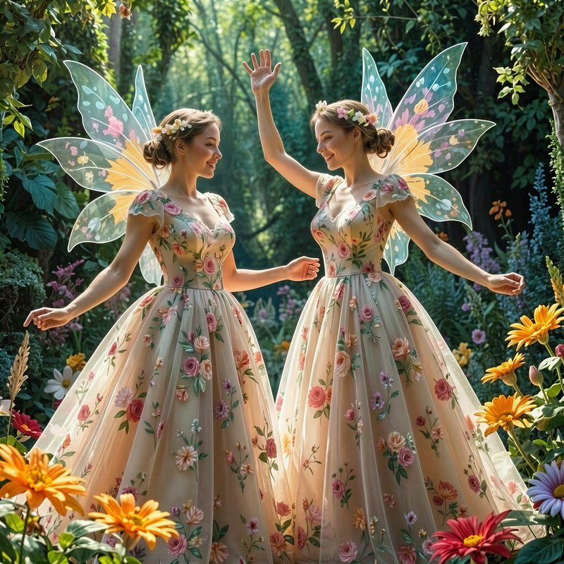 Two smiling fairies with iridescent floral wings and embroidered gowns dance in a sunlit enchante...