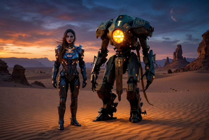 Armored futuristic female warrior and giant ornate battle mech stand on sandy desert dunes beneat...