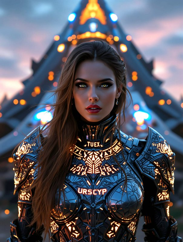 Futuristic female cyber warrior in glowing rune-etched power armor stands before a sci-fi pyramid...