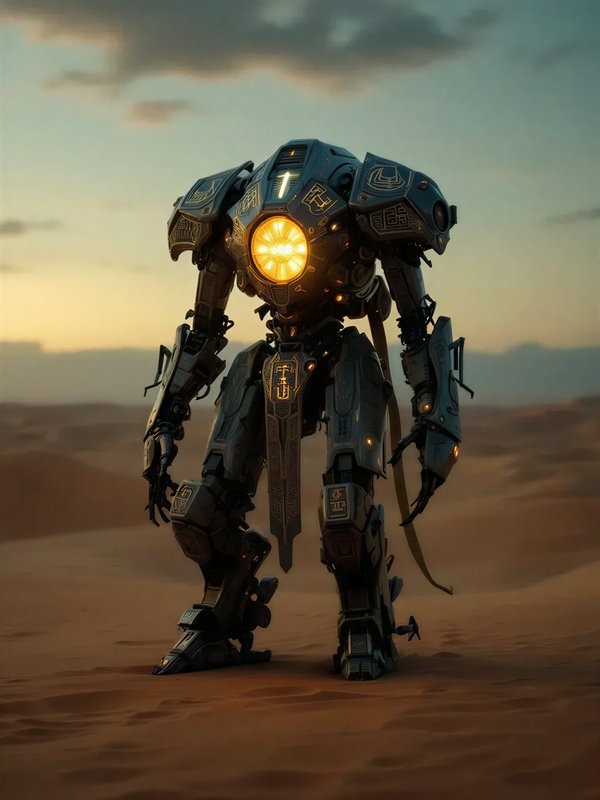 Ornate sci-fi mech robot with glowing golden chest core stands alone on sandy desert dunes at haz...