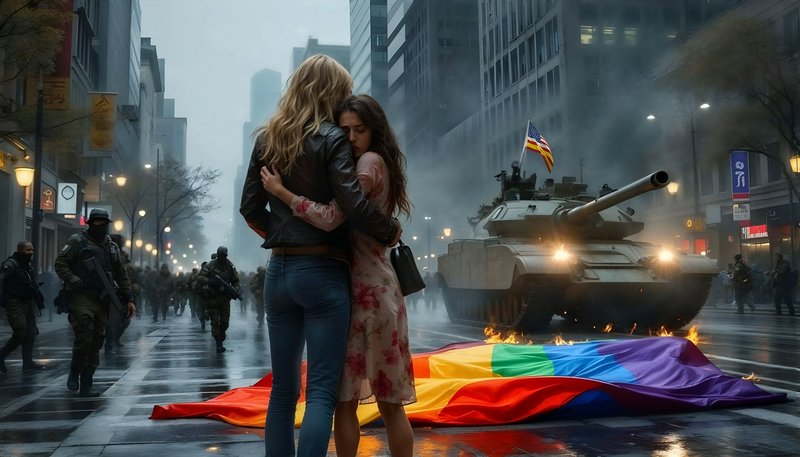 [Two women embrace over a burning rainbow pride flag as military troops and a tank advance down a foggy city street.]
