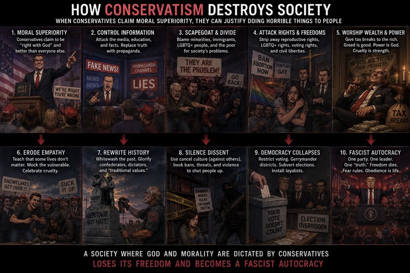 Critical illustrated political infographic outlining 10 claimed stages of conservative societal d...