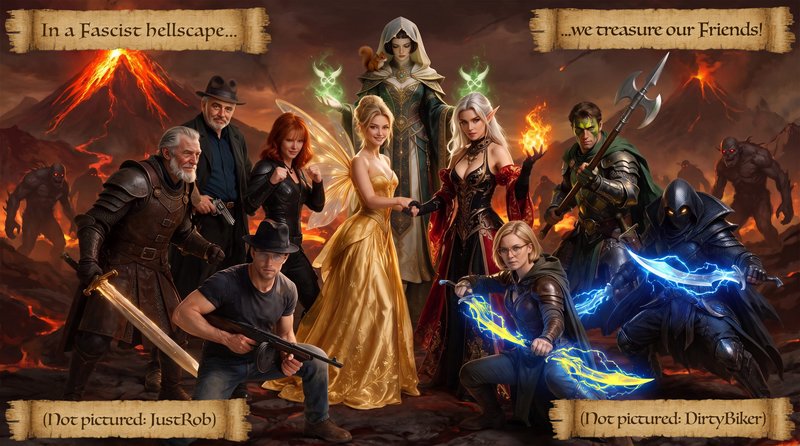 Humorous satirical fantasy RPG party group portrait posed against a fiery volcanic hellscape with...