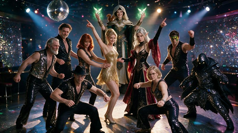 Fantasy adventurer party dancing under a mirrored disco ball in a glowing retro nightclub, blendi...