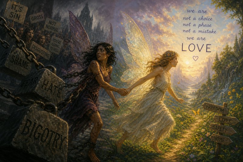 Two fairy women holding hands, escaping chains of bigotry toward a sunlit path of love and freedo...