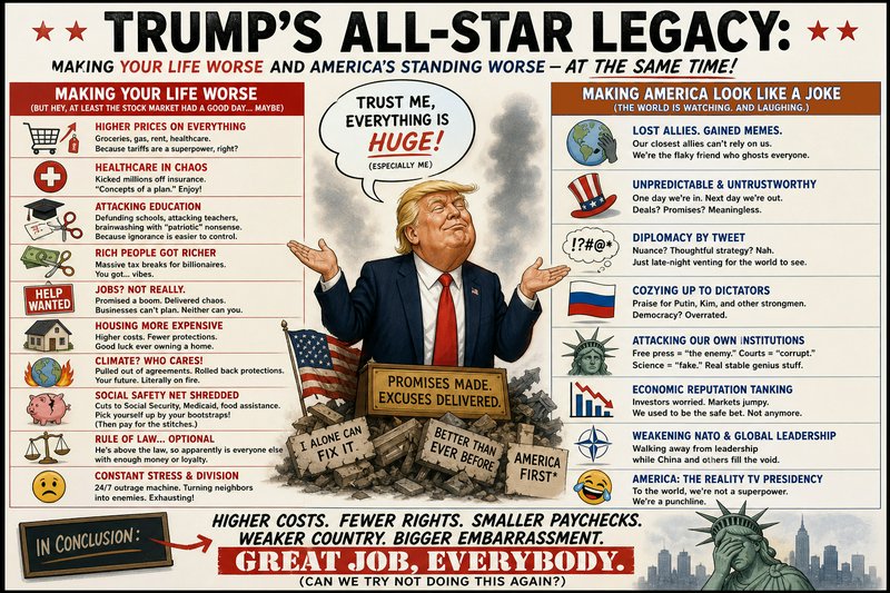 Satirical political infographic cartoon criticizing Donald Trump's presidential legacy with side-...