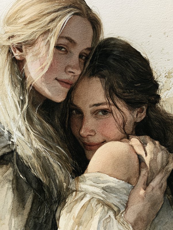 Two women embrace tenderly in a soft intimate watercolor portrait looking toward the viewer