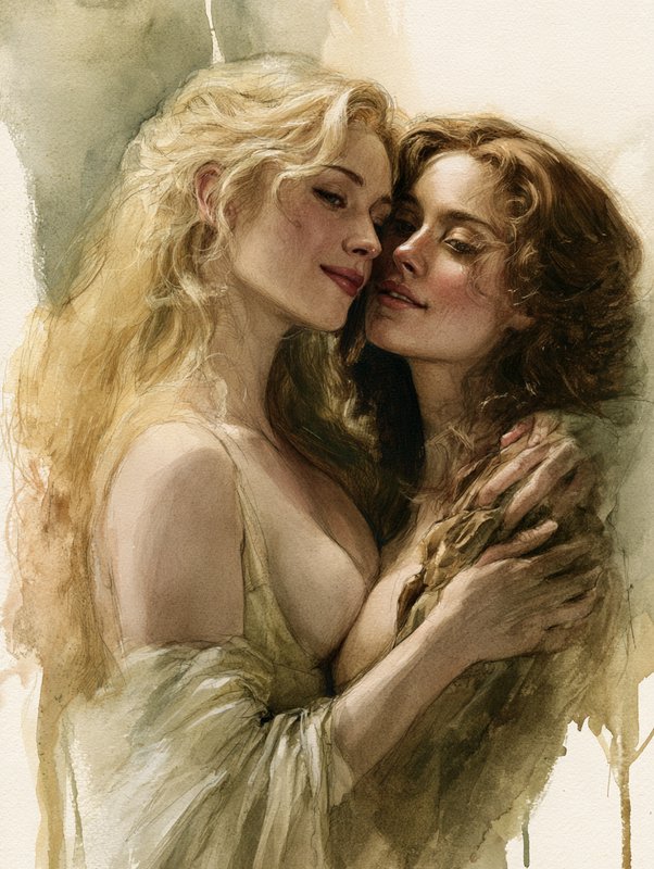 Two affectionate women embracing closely in a soft romantic watercolor portrait
