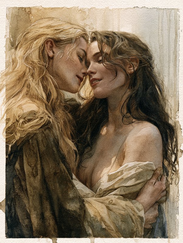 Tender watercolor portrait of two women embracing, foreheads touching with eyes closed