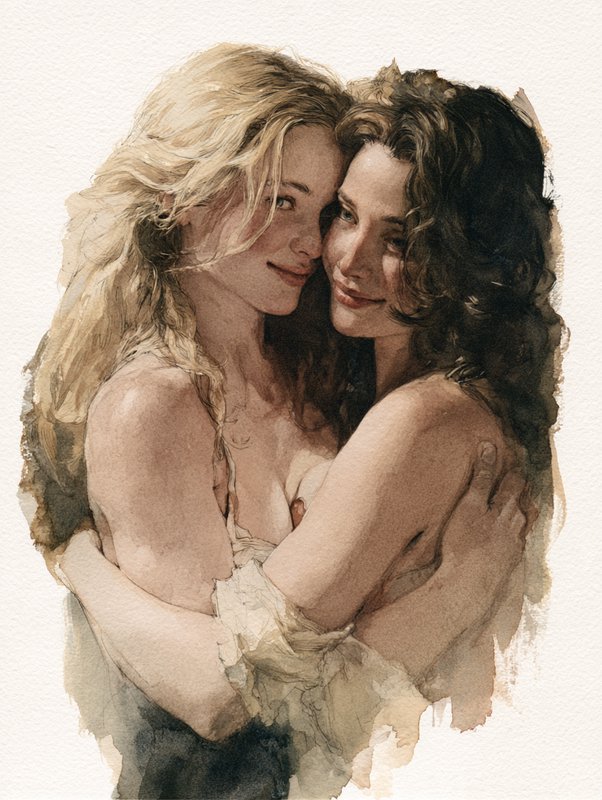 Soft watercolor portrait of two affectionate women embracing gently, foreheads pressed close