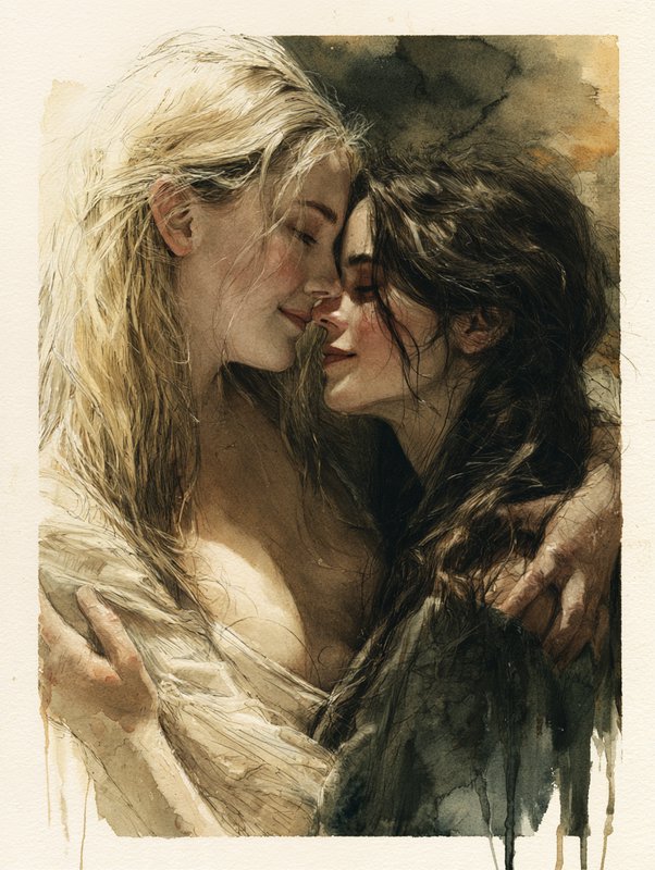 Two women embrace tenderly, foreheads touching with eyes closed in a soft intimate watercolor por...