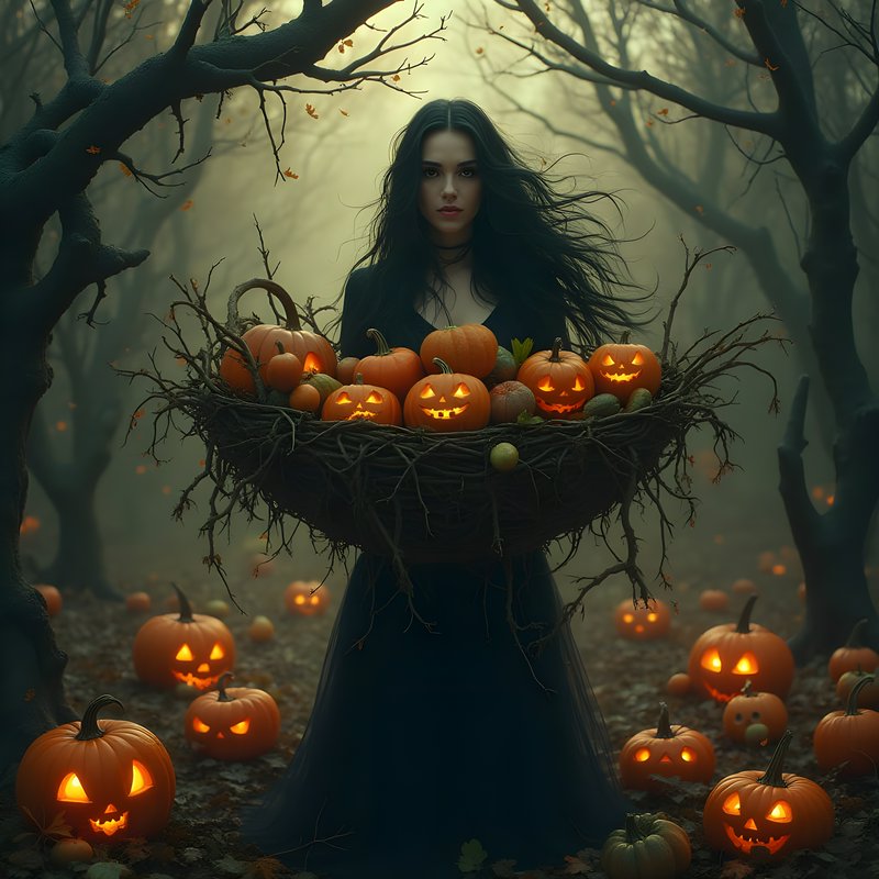 Gothic woman holding a basket of glowing jack-o-lanterns stands in a foggy Halloween forest