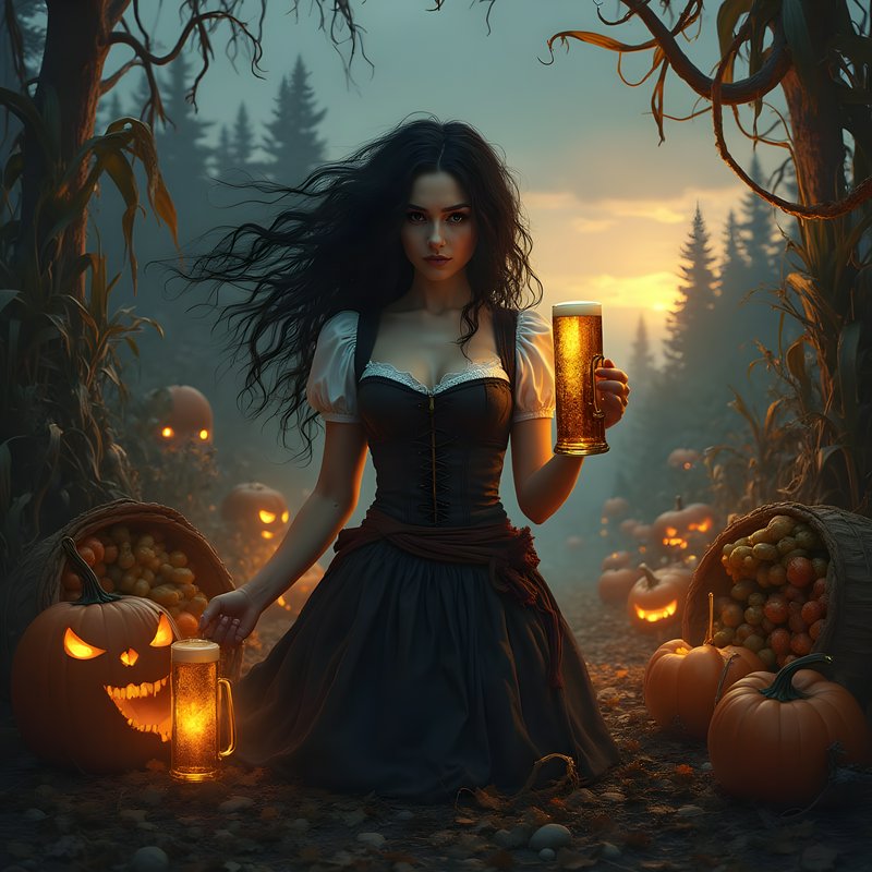 Woman in traditional folk dress holding glowing beer stein in a misty Halloween pumpkin patch at ...