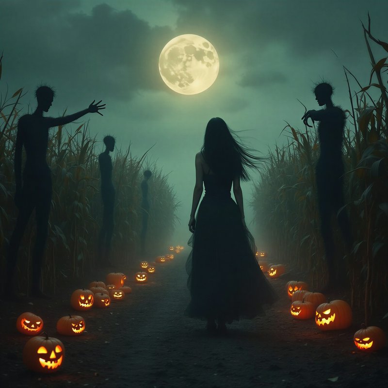 Woman in a dark gown stands in a foggy Halloween corn maze lined with glowing jack-o'-lanterns un...