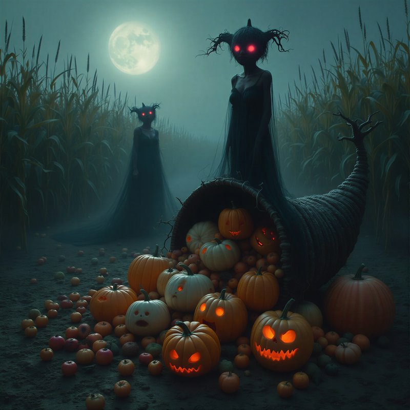 Spooky glowing-eyed spirits loom over a spilled cornucopia of jack-o-lanterns in a foggy moonlit ...
