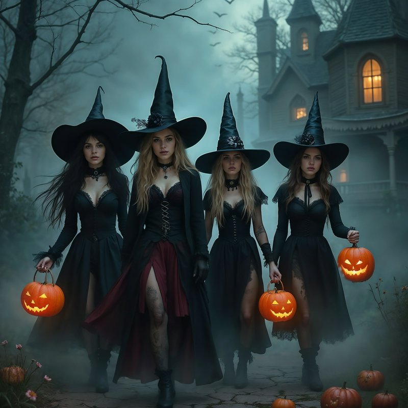 Four elegant witches in pointed hats carry glowing jack-o-lanterns outside a foggy haunted Victor...