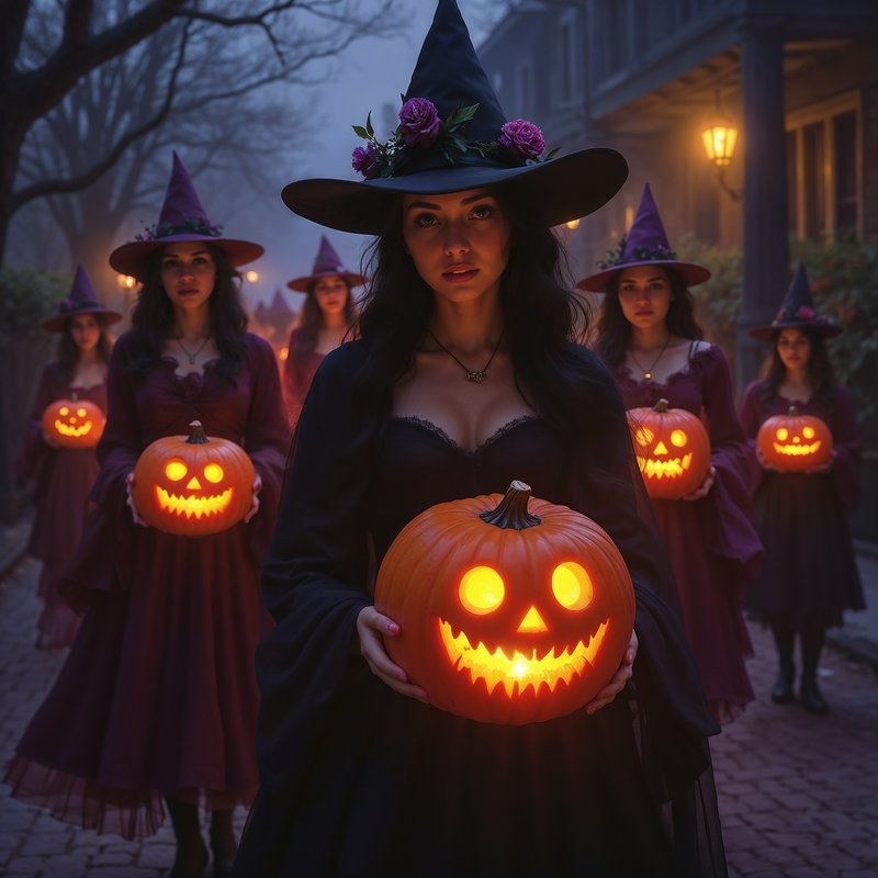 Procession of witches holding glowing jack-o-lanterns walk down a foggy historic cobblestone stre...