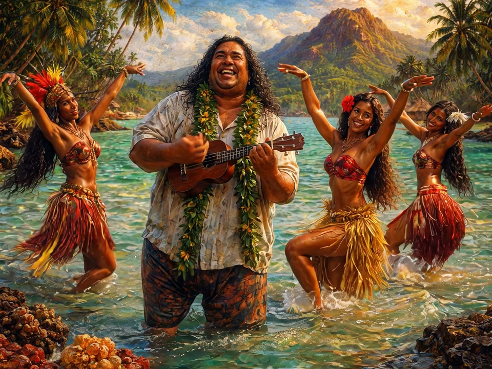 Tropical scene with a smiling man playing ukulele in shallow sea, surrounded by hula dancers in c...