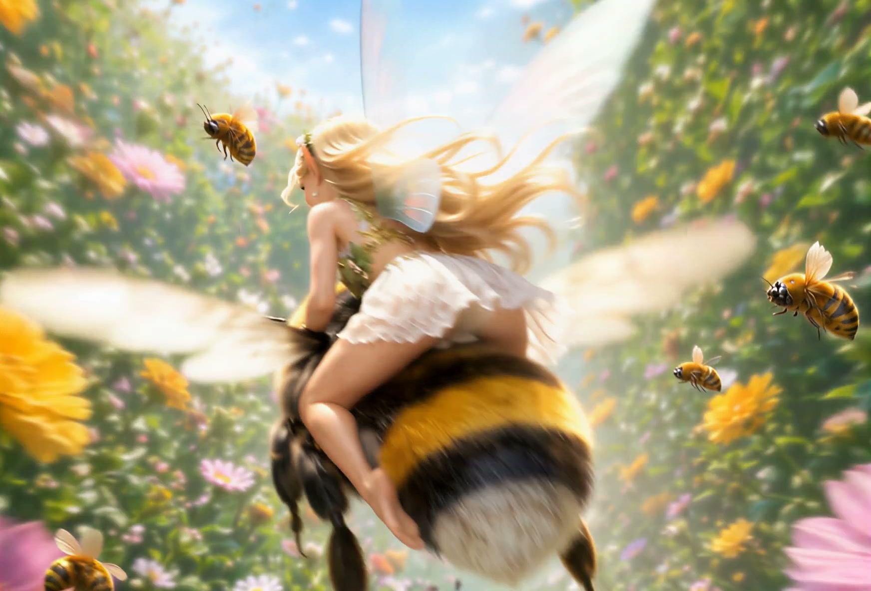 Girl in a flower-field rides a giant bee, swarmed by colorful blossoms and friendly bees.