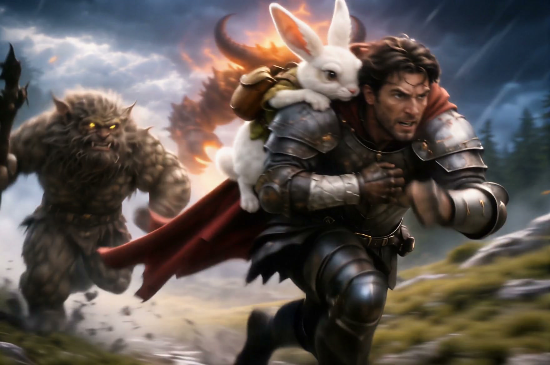 Armored warrior fleeing with a white rabbit on his shoulder as a looming beast chases them in a f...