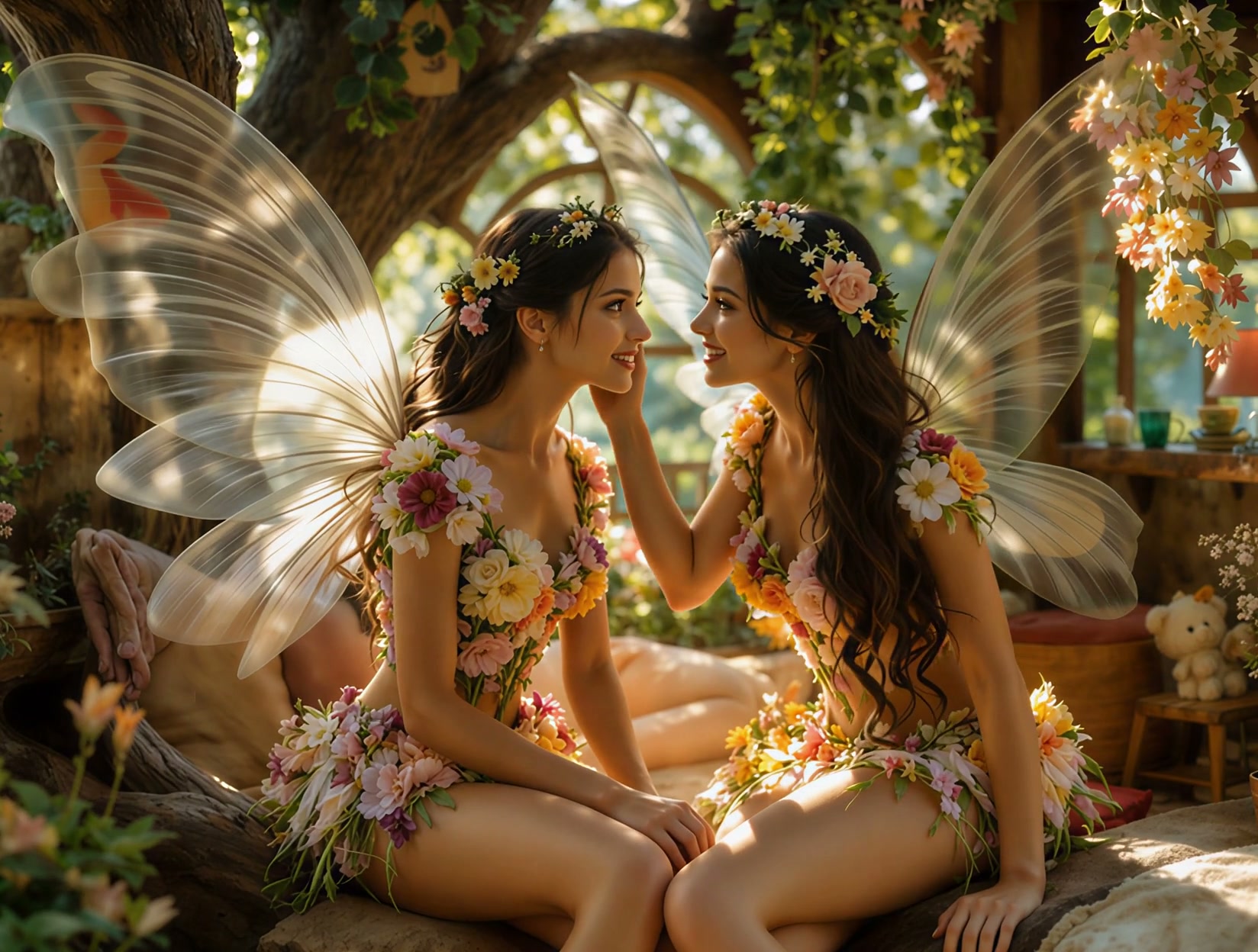 Two women in floral outfits with translucent butterfly wings in a sunlit garden setting.