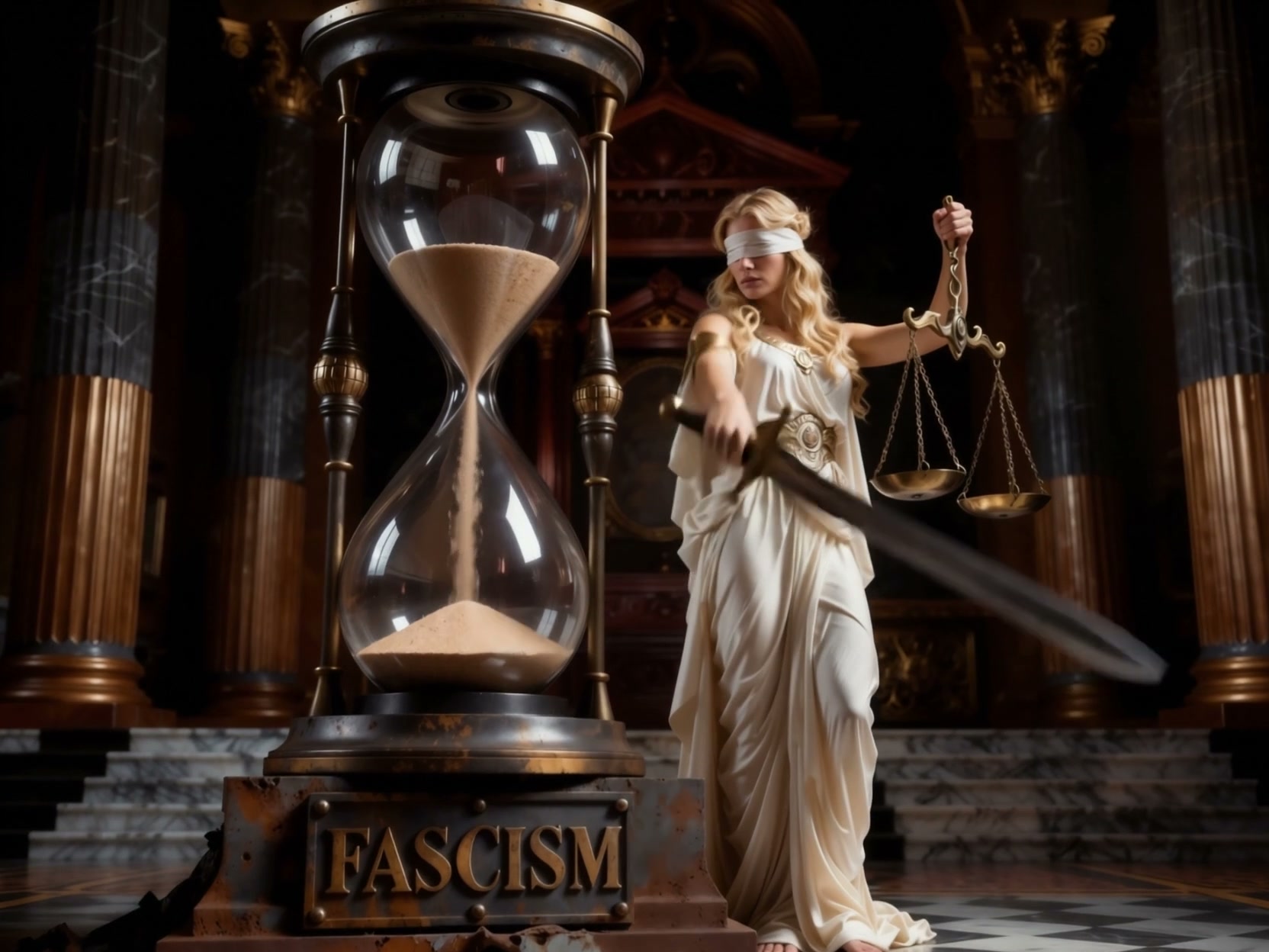 Blindfolded woman in a white gown holds scales and sword beside a large hourglass in a grand hall.