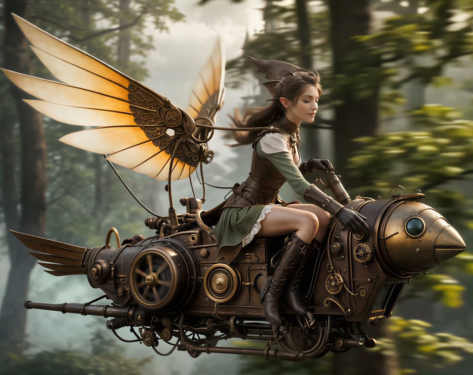 Steampunk elf rider on a brass, winged flying machine through a forest setting.