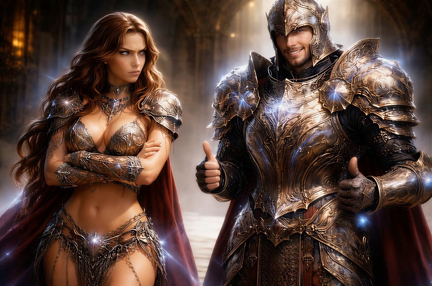 An annoyed female fantasy warrior with crossed arms stands beside a grinning armored knight givin...