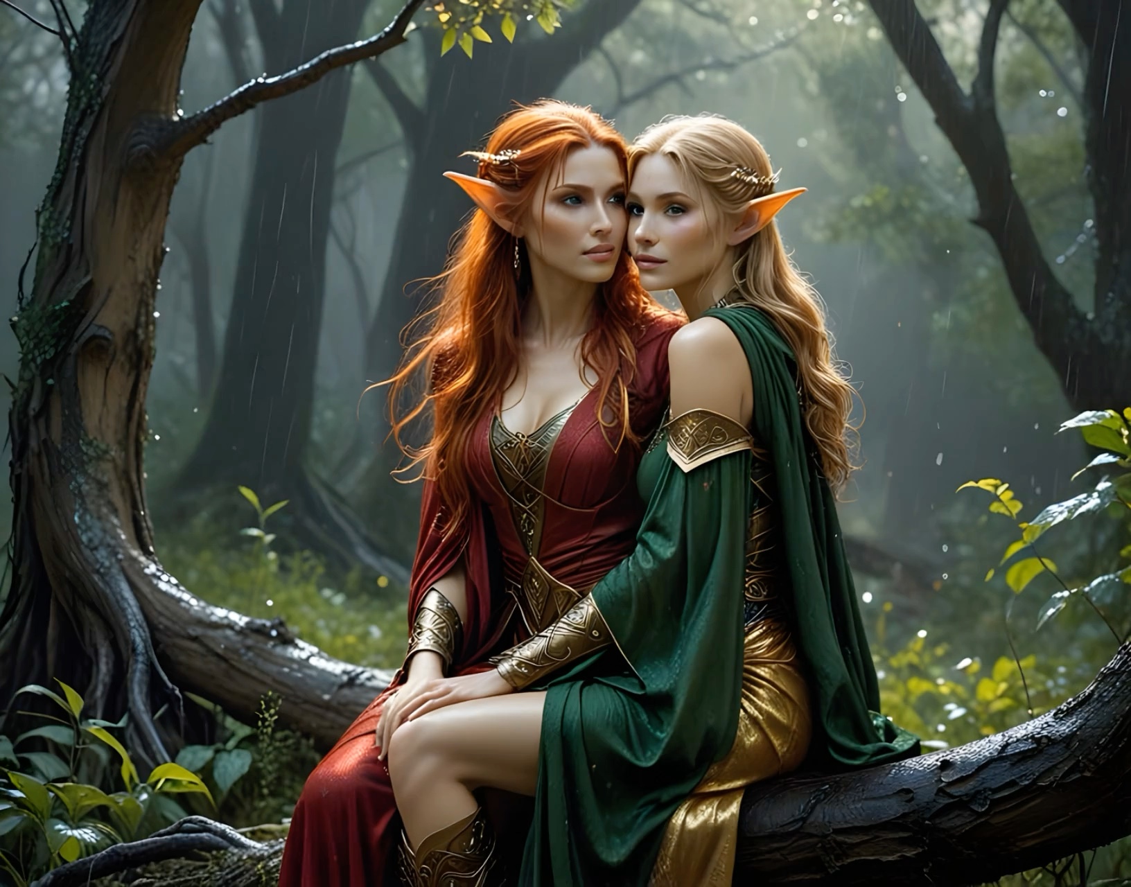 Two elegant elven women sit closely together on a tree branch in a misty, rainy ancient forest.