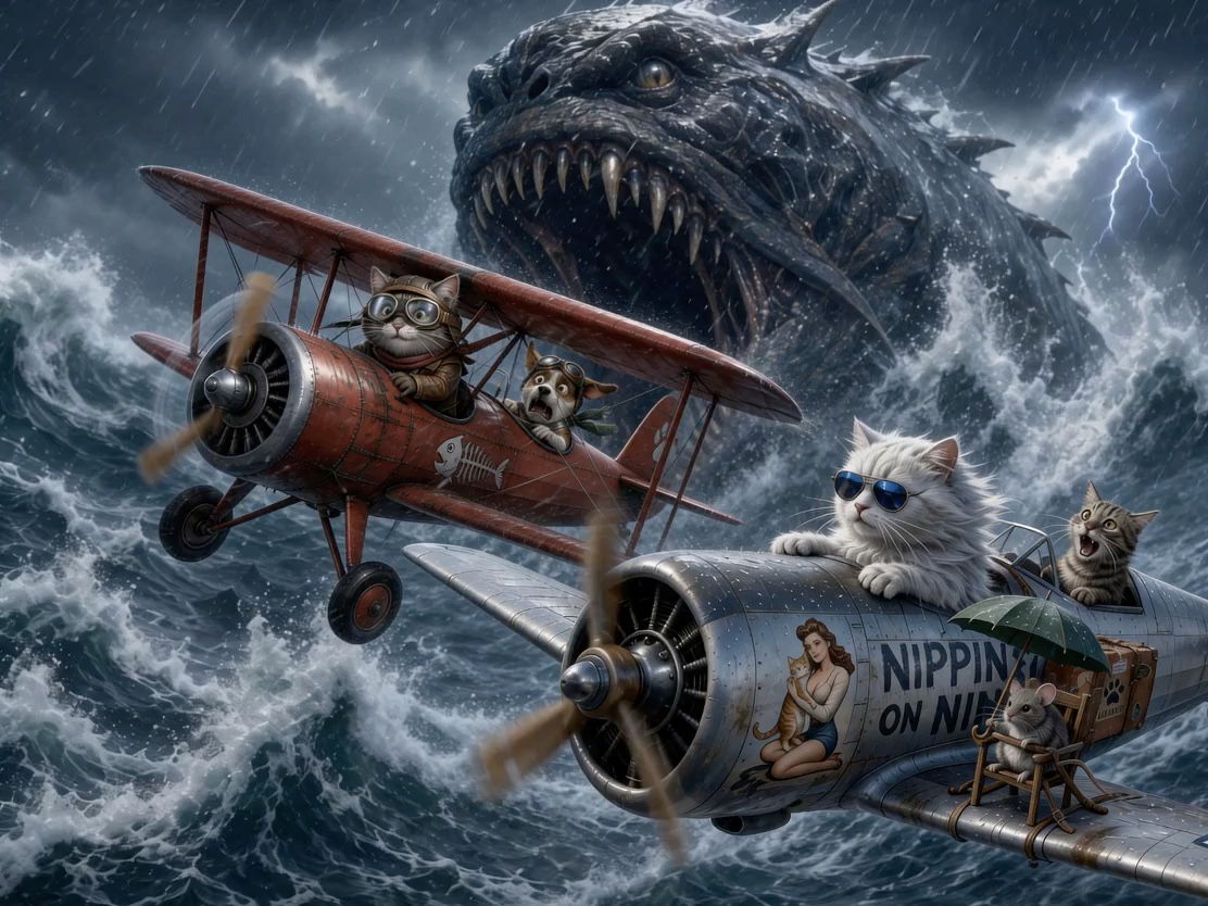 Anthropomorphic animal pilots in vintage biplanes flee a giant fanged sea monster over a stormy, ...