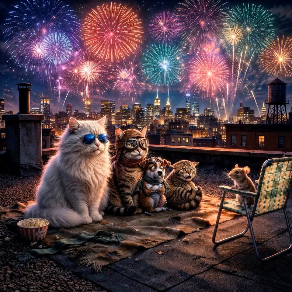Whimsical costumed animal friends watch vibrant holiday fireworks from a downtown city rooftop at...