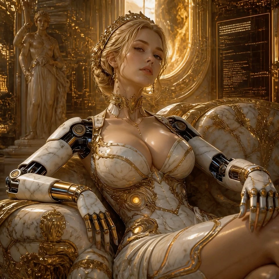Regal marble and gold cyborg queen reclines on an ornate gilded throne in a sunlit opulent palace.