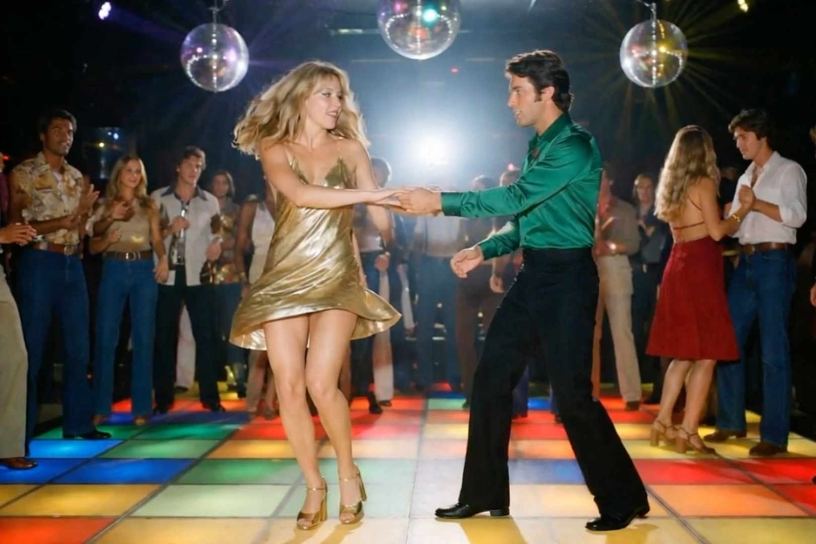 Couple dancing on glowing multicolored 70s disco dance floor under hanging mirror balls, as surro...