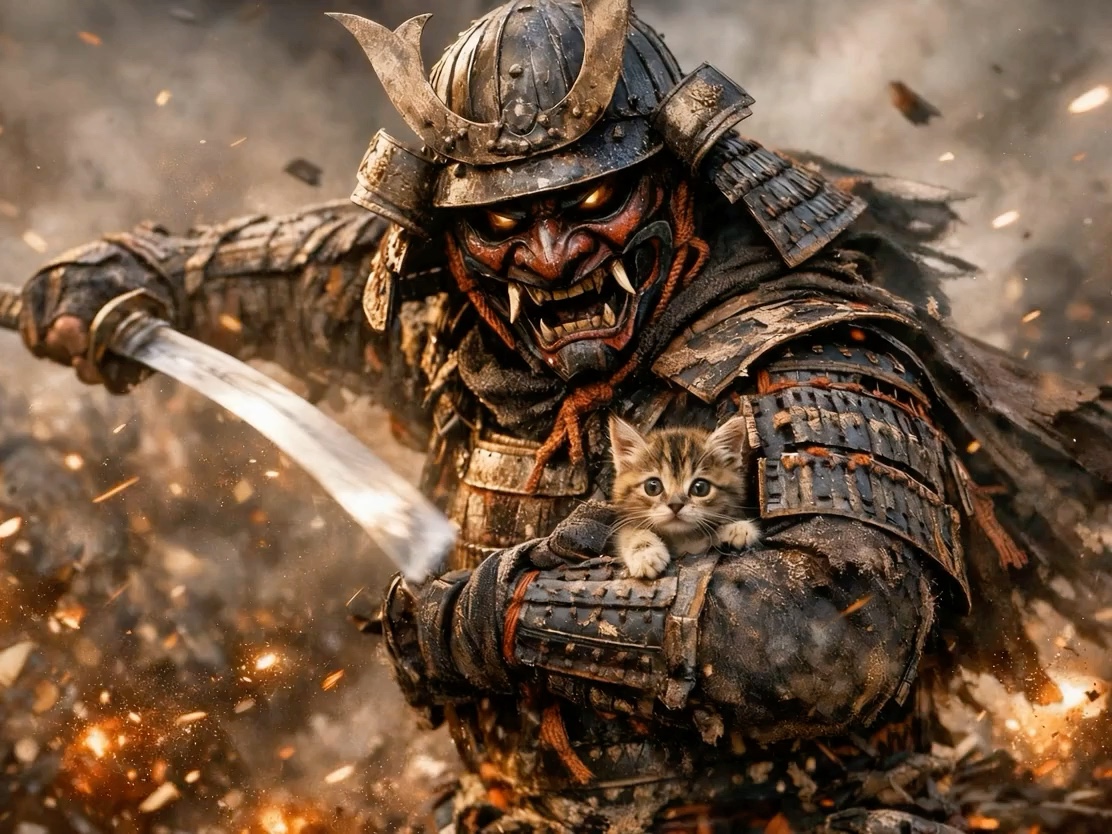 Armored samurai in an oni mask wields a katana while holding a tiny wide-eyed tabby kitten amid s...