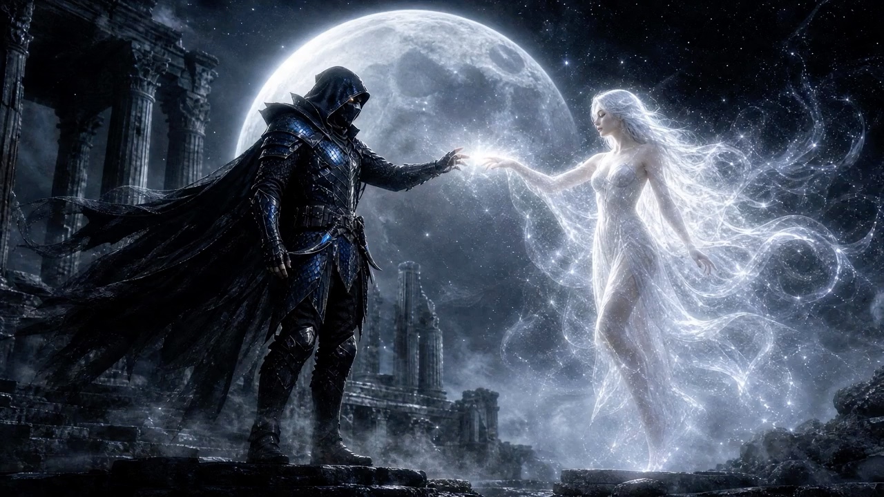 Hooded armored knight touches fingertips with a glowing ethereal spirit woman under a giant full ...