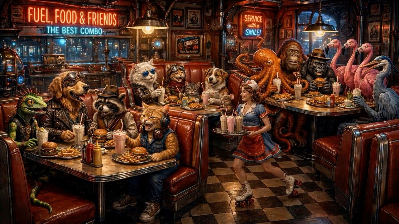 Anthropomorphic animal patrons eat burgers and milkshakes, served by a roller-skating waitress in...
