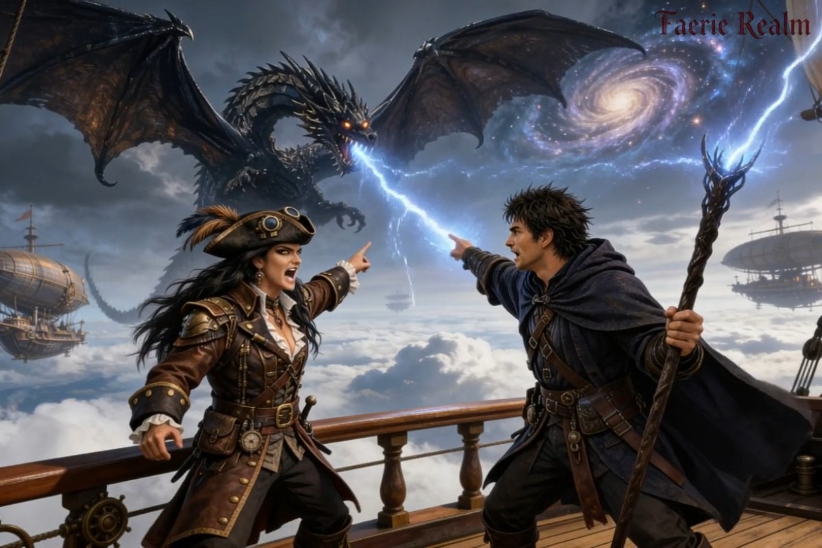 Steampunk sky pirate and wizard fend off attacking black dragon from a floating airship deck abov...