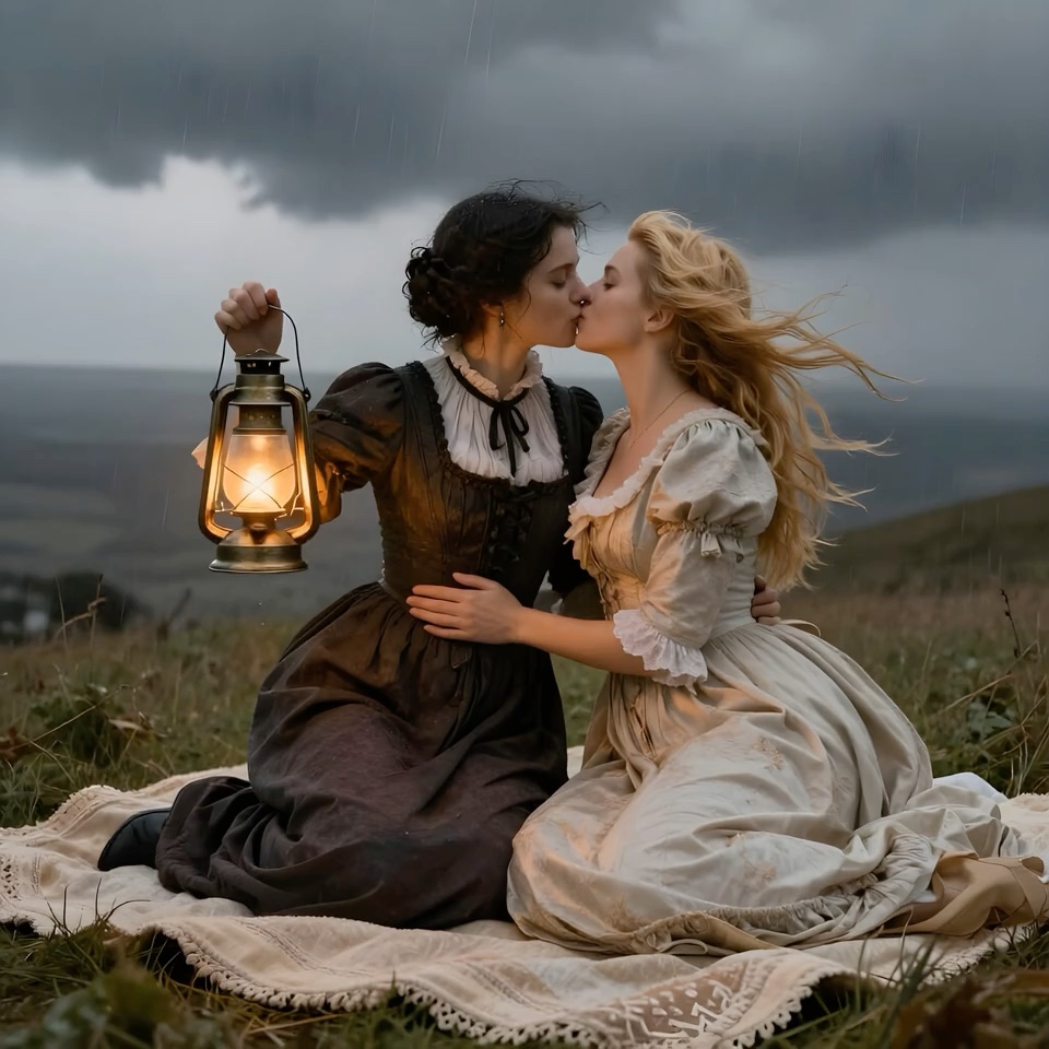 Two women in vintage gowns kiss on a grassy hill, one holding a lit antique lantern beneath a rai...