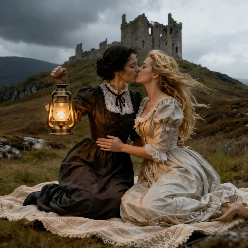 Two Victorian-era women kiss, one holding a lit vintage lantern, seated on a blanket before a hil...