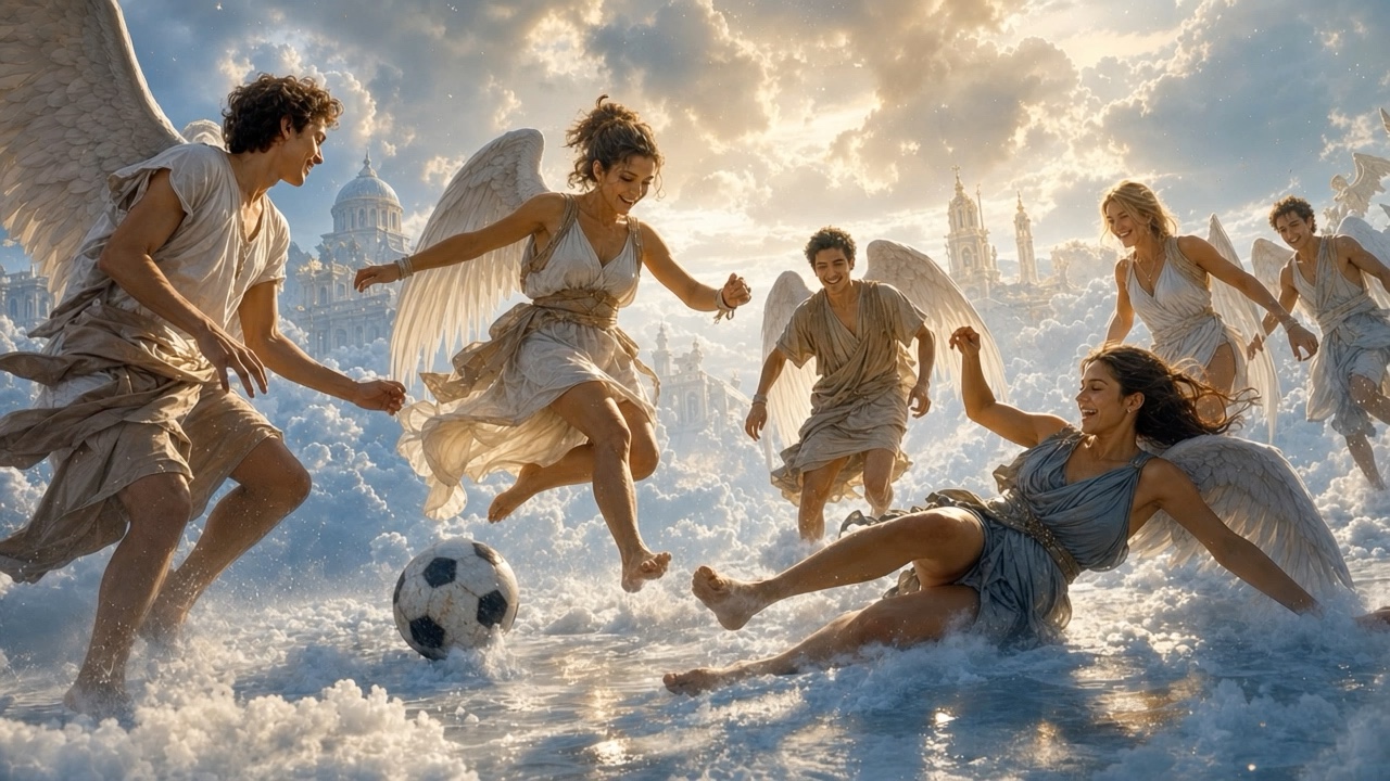Joyful winged angels play soccer atop fluffy clouds, with a golden hour sky and heavenly palaces ...