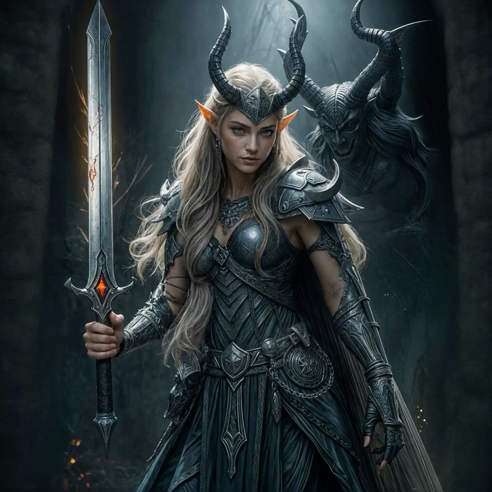 Blonde elven warrior in dark horned armor holds an enchanted greatsword, horned demon spirit loom...