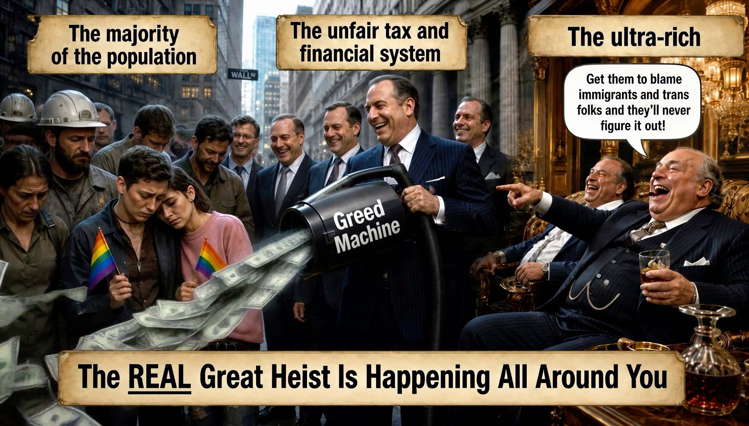 Satirical wealth inequality meme showing ultra-rich using a "Greed Machine" to extract cash from ...