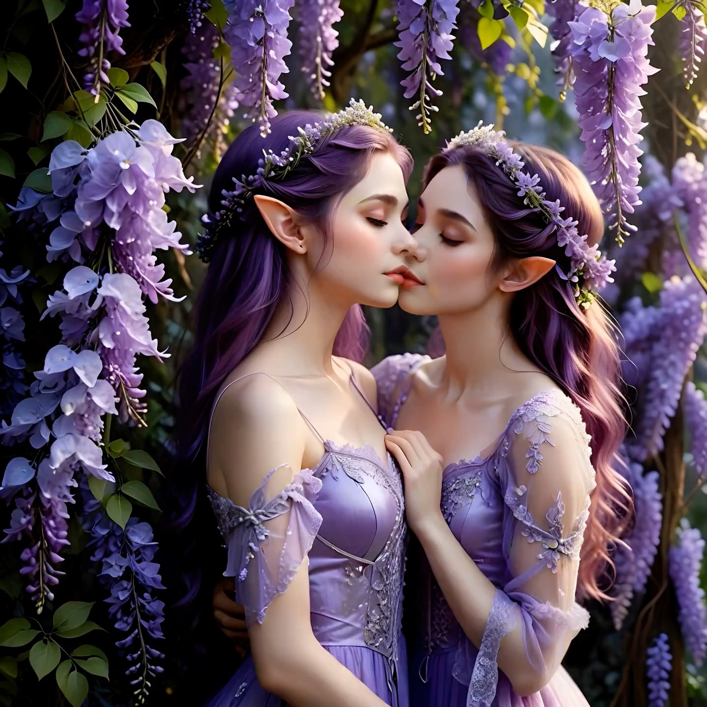 Two elven women in lavender gowns share a tender kiss beneath cascading purple wisteria in a sunl...