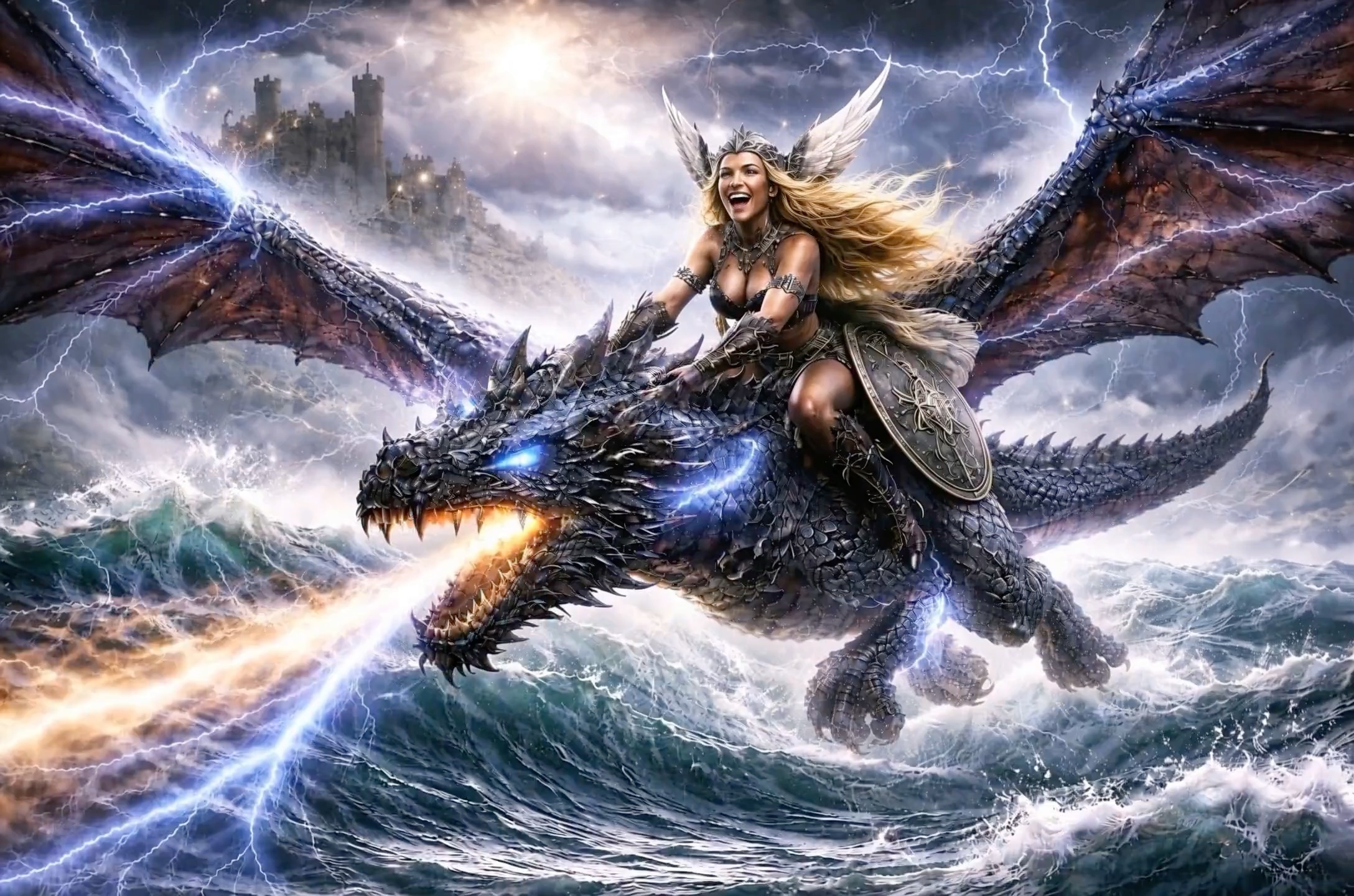 Triumphant winged valkyrie rides a lightning-wreathed fantasy dragon over stormy ocean waves, dis...