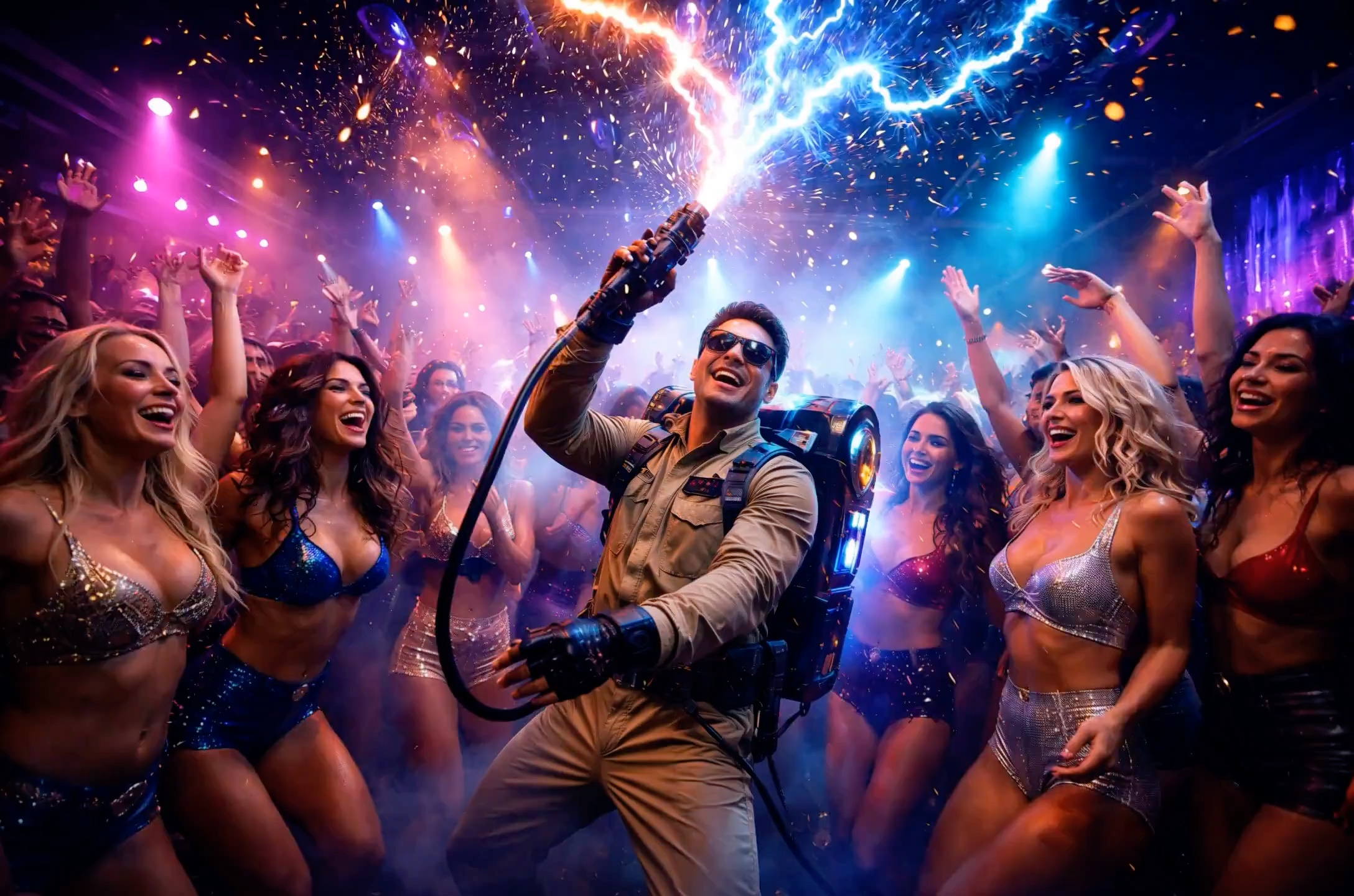 Smiling man with a proton pack fires electric sparks above a cheering dancing nightclub crowd und...