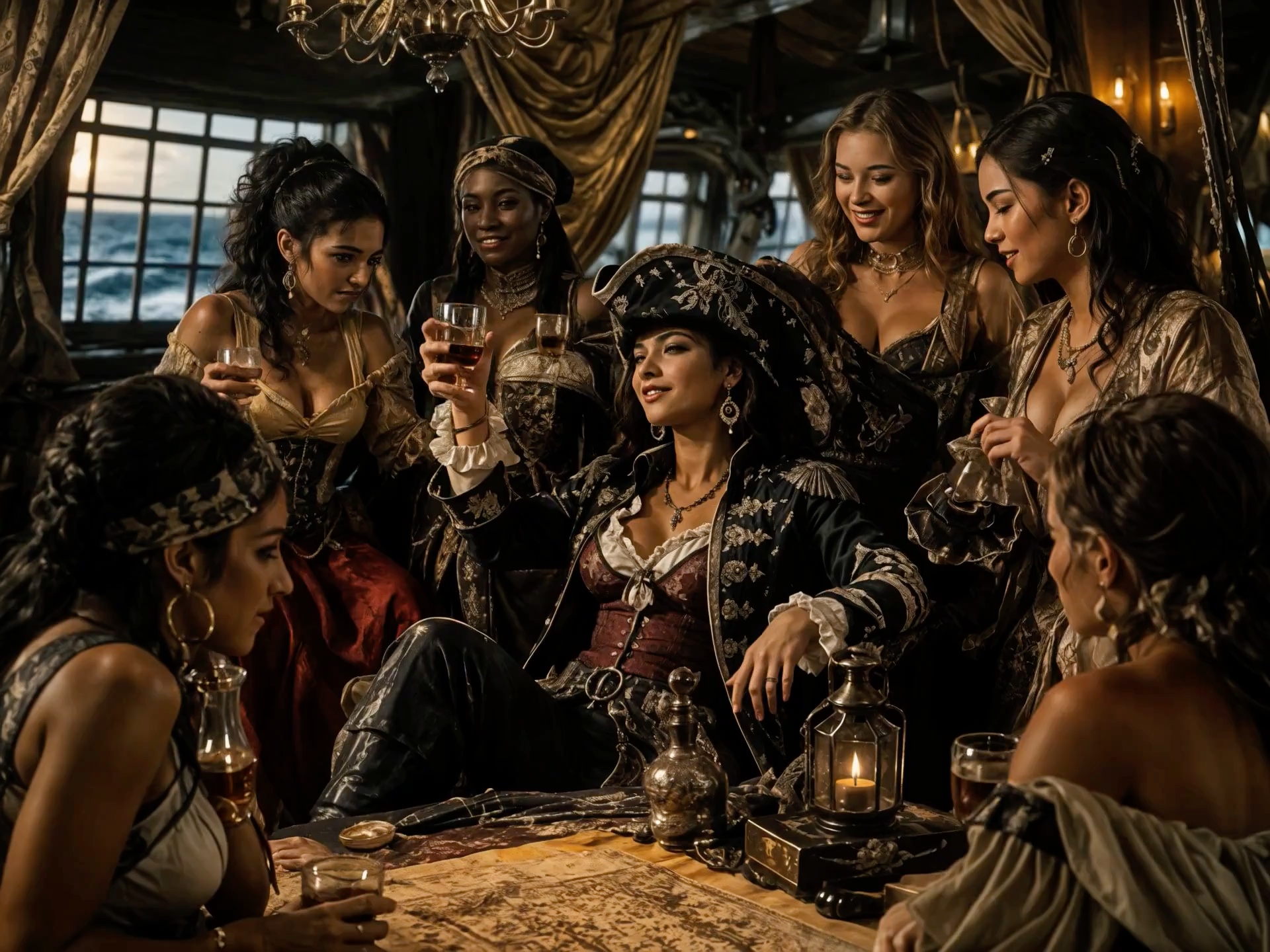 All-female pirate crew toasting around a treasure map in the gilded cabin of a vintage sailing sh...