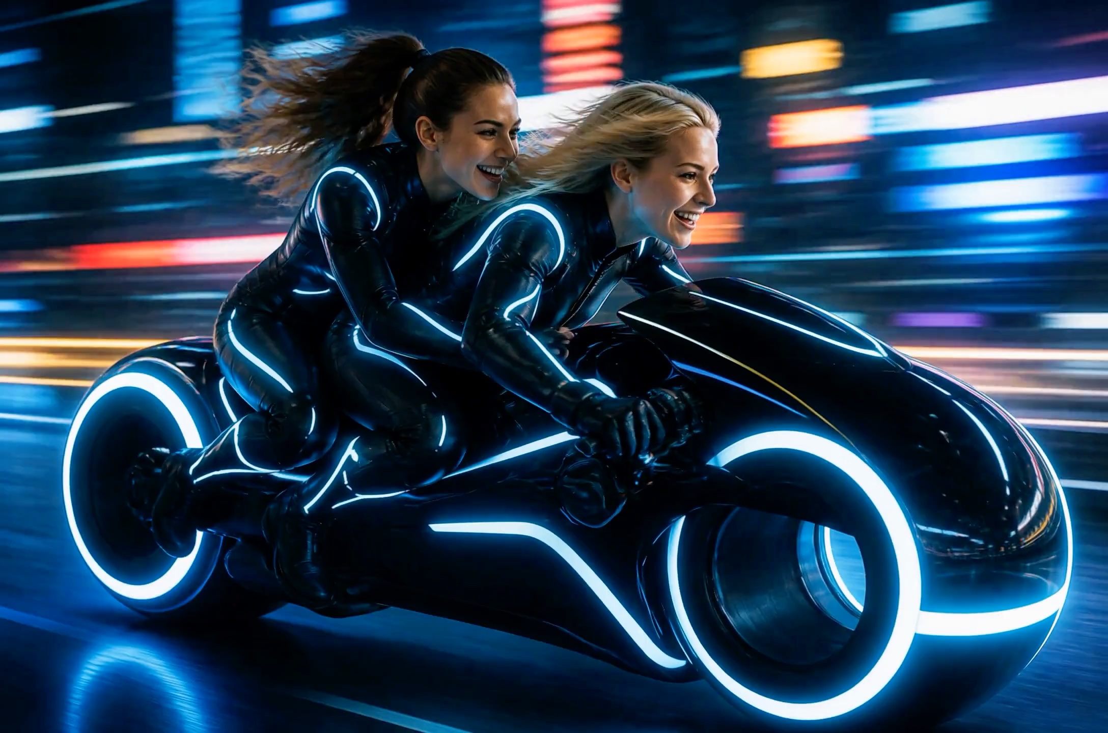 Two smiling women in neon-lit black bodysuits ride a glowing Tron-style light cycle speeding thro...